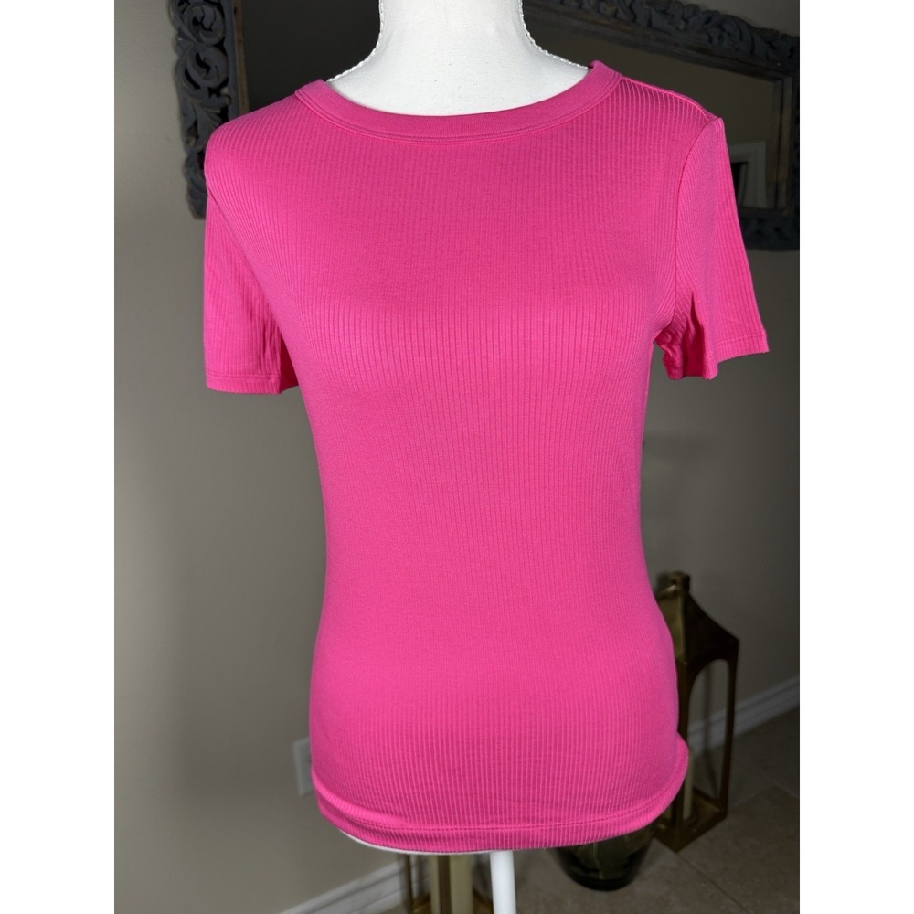 ON 34th Rib Knit Tee Small Fuchsia Pink Stretch Short Sleeve Top NWT Macy's